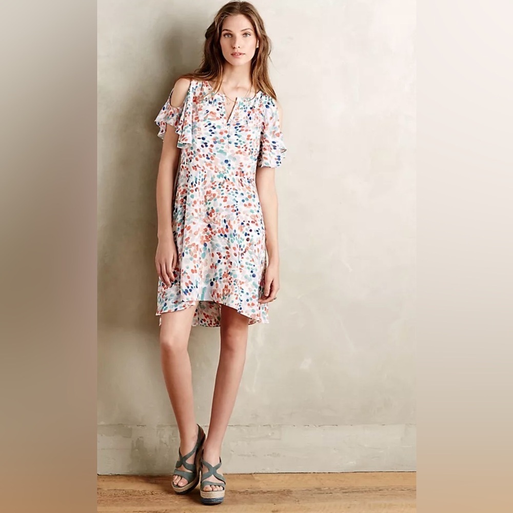 Anthropologie Maeve Flutter Sleeve Cold Shoulder Watercolor Dot Dress